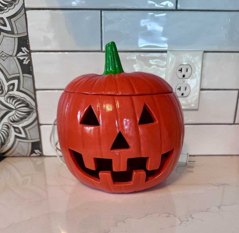 Vintage Ceramic Light-Up Jack-o'-Lantern - Hand Painted Pumpkin 10.5”